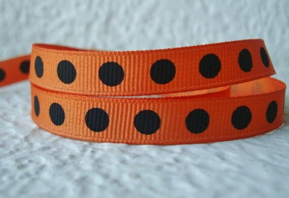 Black Polka Dot on Orange grosgrain ribbon-1 by katiebirdstudio