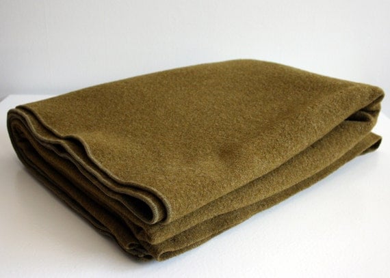 Vintage Army Green Wool Blanket Made By Leaksville Woolen