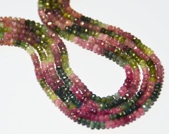 14" 3-4mm AA Watermelon Tourmaline faceted gemstone beads.