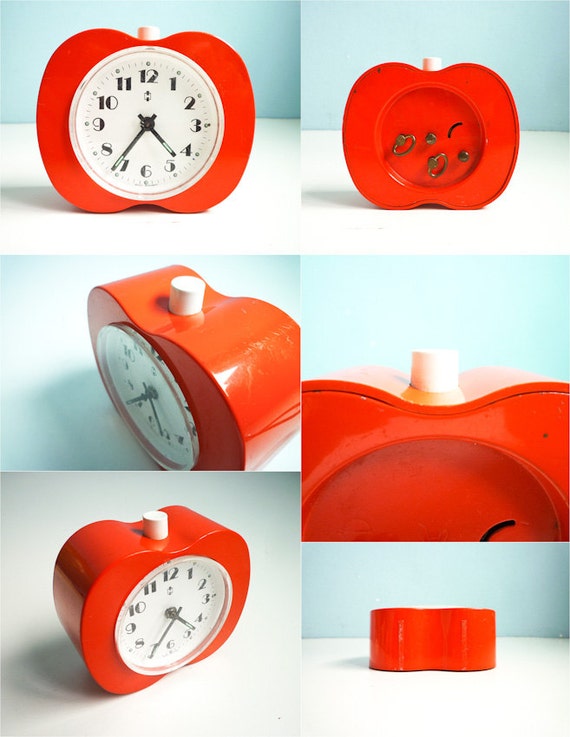 Vintage 80s Alarm Clock Red Orange Apple Working