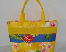 Mesh Tote Bag or Purse with Colorful Hawaiian Cotton Fabric and Yellow ...