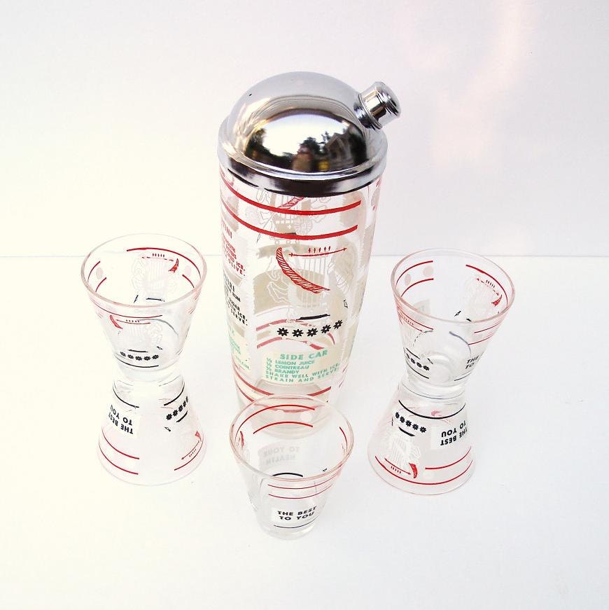 Vintage Cocktail Shaker and Glasses Mid Century Barware