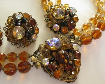 Vintage 1950s Beaded Topaz Necklace Bracelet Earrings - Fall Bridal Fashions