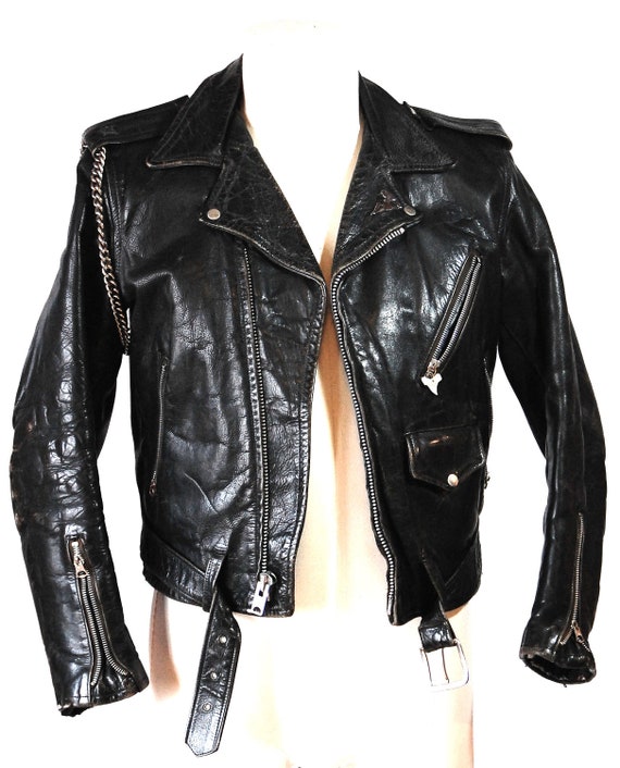 Mens Small Authentic Rugged Leather Biker Jacket