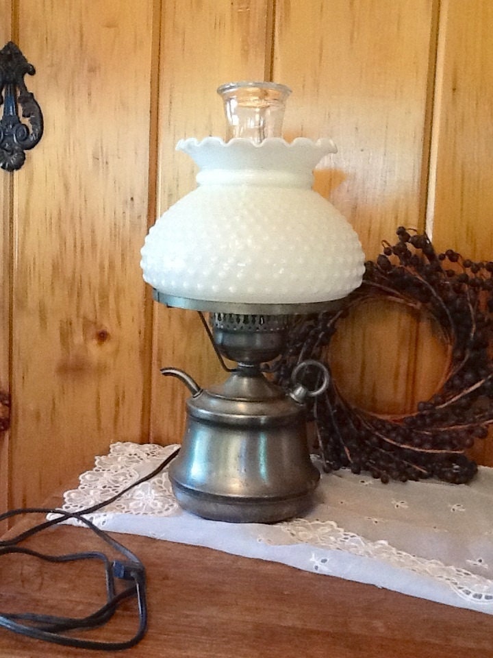 Tea Pot Electric Table Lamp Light w/Milk Glass Hobnail Shade & Chimney