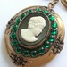 vintage Coro jewelry cameo locket brooch pin, 1940's black white jewelry green, wedding gift for bride, Valentine's day gift for her