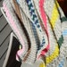 Vintage Afghan / Throw / Blanket Crocheted Striped Beige Tweed, Purple, Yellow, Green, Pink, Brown, Blue, Fuschia 83" X 38"