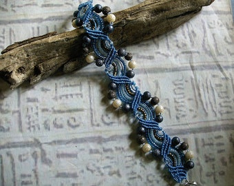 Beaded micro macrame bracelet in blue pearls. Gypsy macrame jewelry.