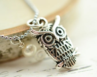 Silver Owl Necklace, Owl Jewelry Necklace, Simple Necklace. Affordable Owl Necklace. Feathery Owl Necklace, OWL Charm Necklace