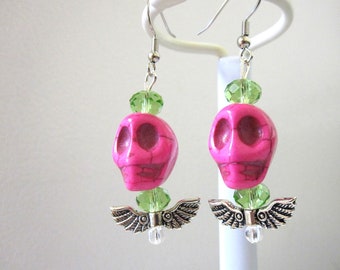 Skull Earrings Wings Day of the Dead Earrings Sugar Skull Jewelry Hot Pink Green