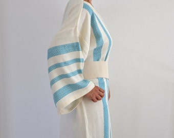 Kimono Robe Cotton Bath Robe Turkish Bath Towel Peshtemal Caftan Eco Friendly Extra Soft Blue Teal Striped