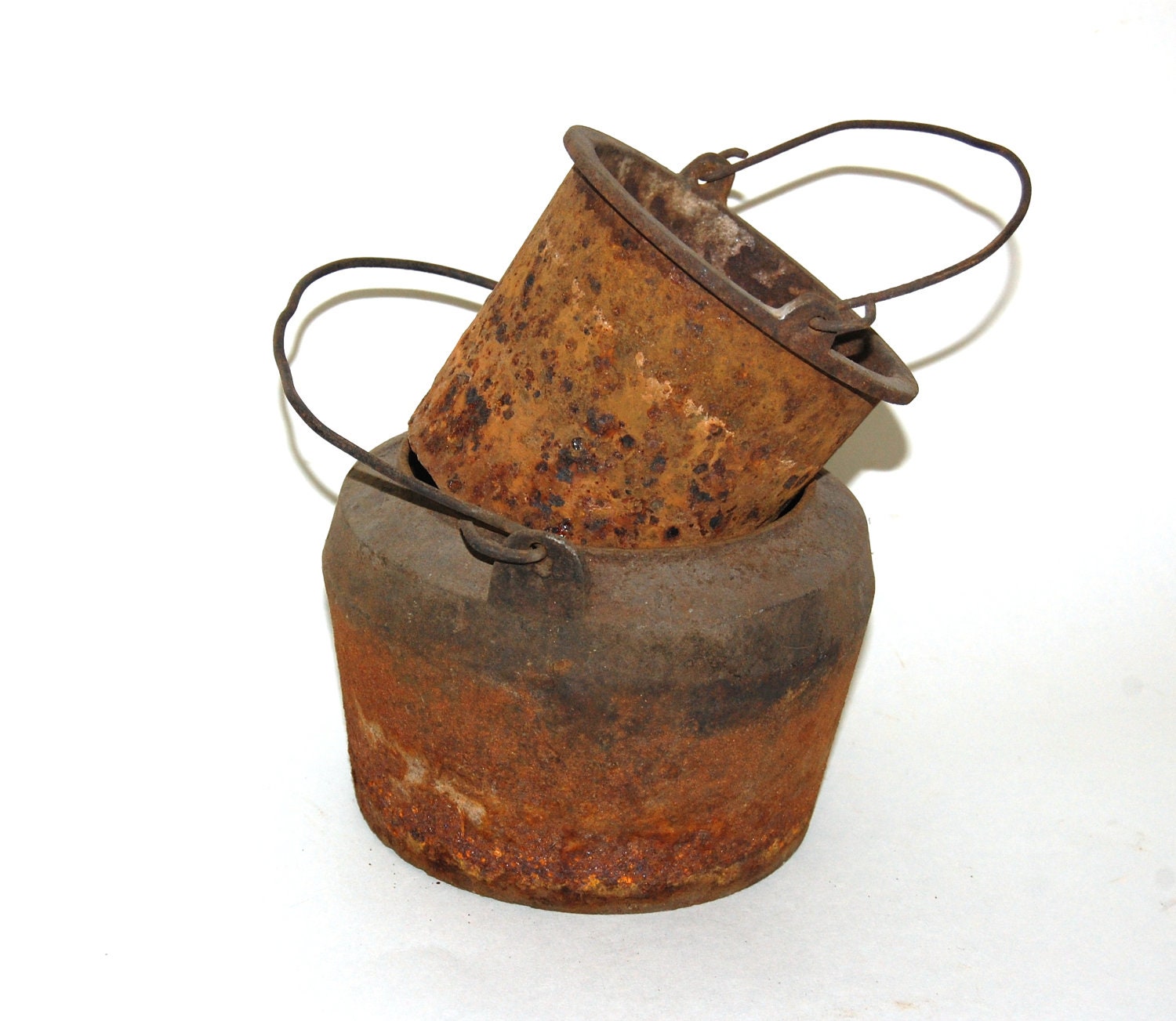 vintage rusty pots primitive cast iron buckets pots