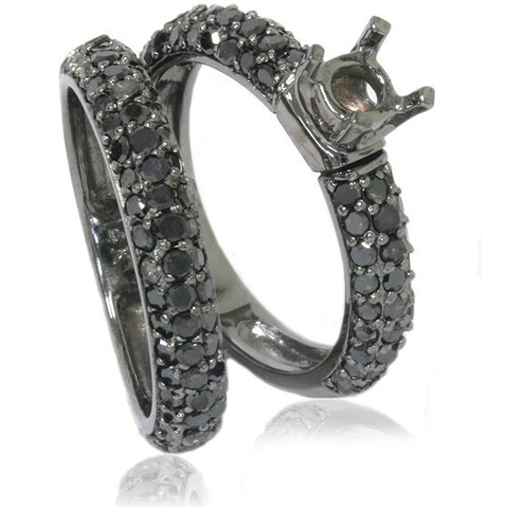 Black Pave Diamond 1.95CT Engagement Ring Semi Mount Setting 14K White ...