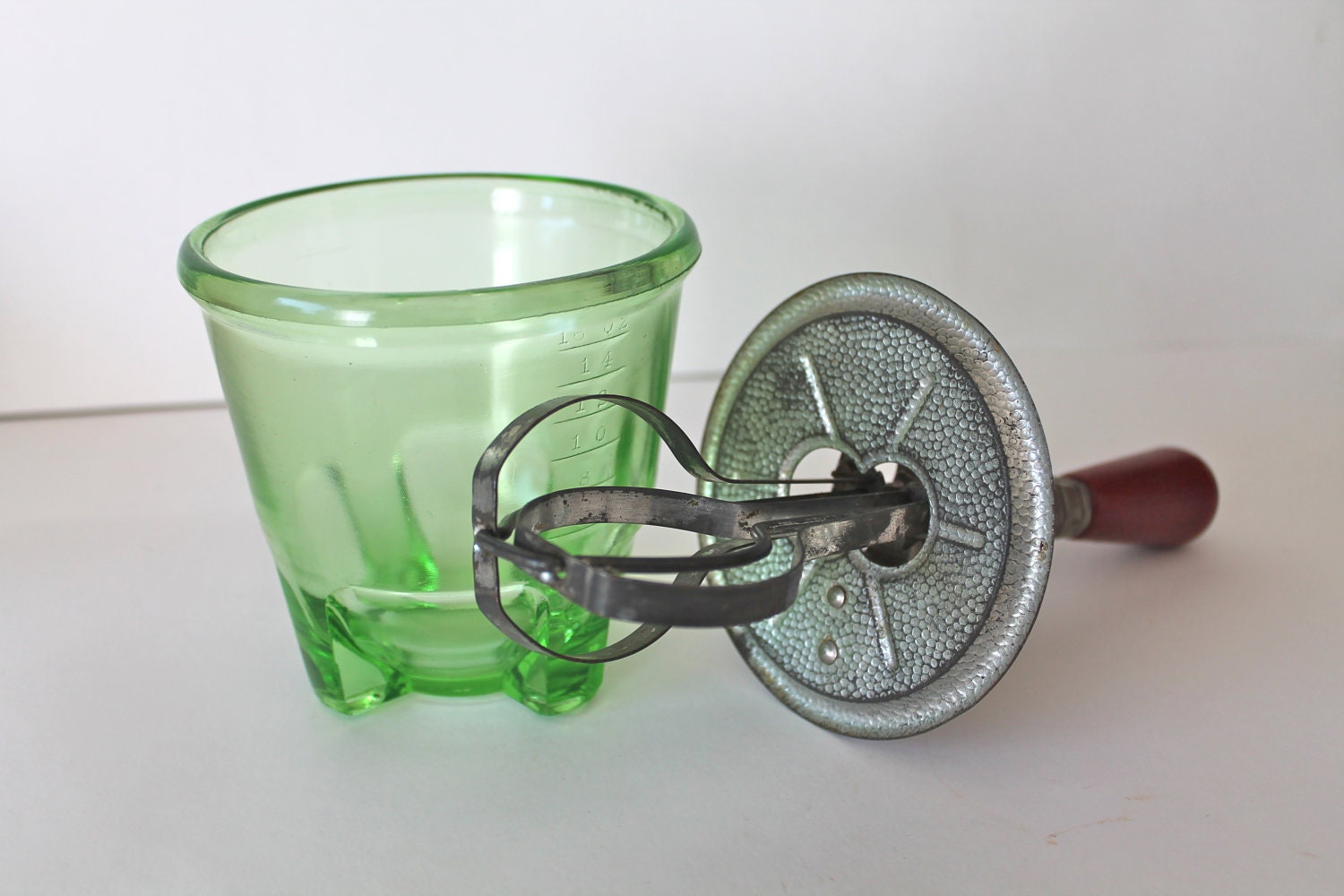 Vintage A&J Egg or Mayo Beater with Depression Green Glass