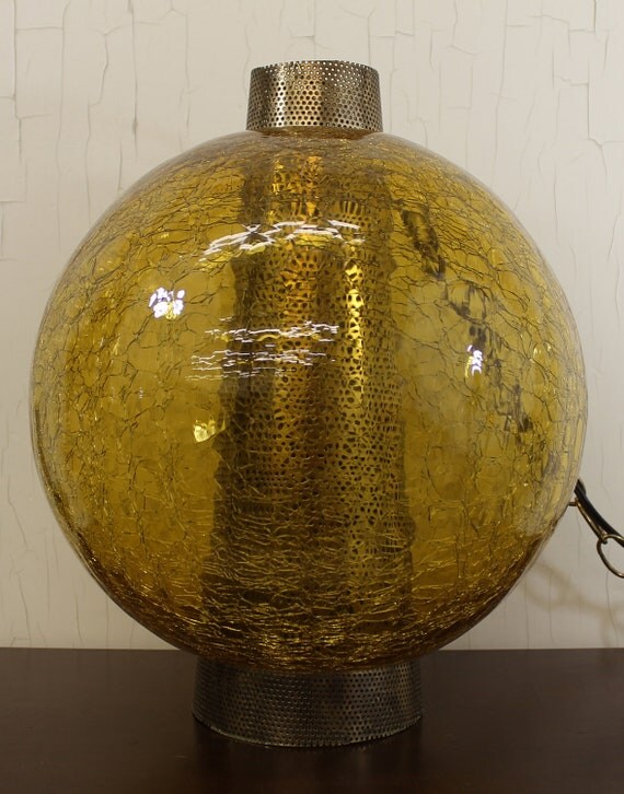 Mid Century Hanging Swag Globe Lamp w/Amber Crackle Glass