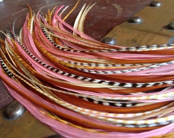 Feather Hair Extension Accessories for Hair Coral Pink Barred Ginger Grizzly, 11 inch long feather extensions 7 bonded Salon Hair Feathers