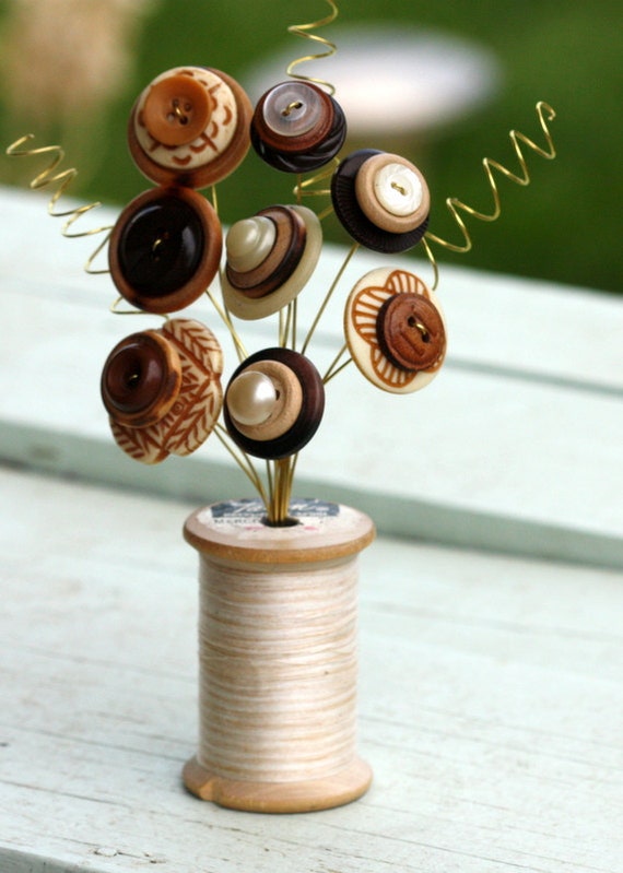 Vintage Button Spool Bouquet Shades of brown and ivory