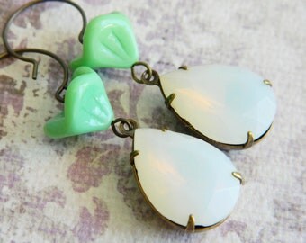 Dangle Earrings Vintage Opal Glass and Mint Green Flowers - Rain Drops on Roses