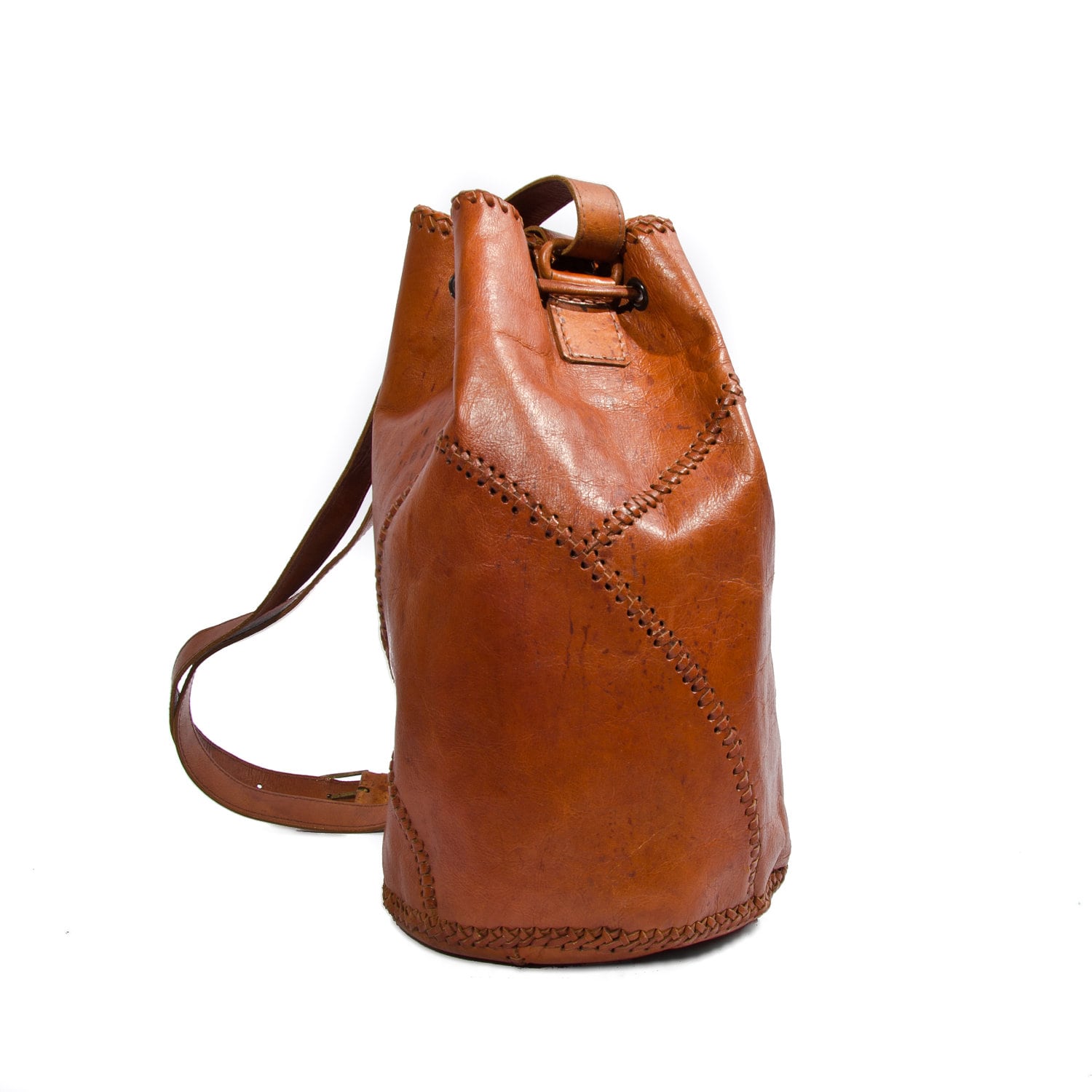 Vintage Patchwork Leather Drawstring Bucket Bag Convertible