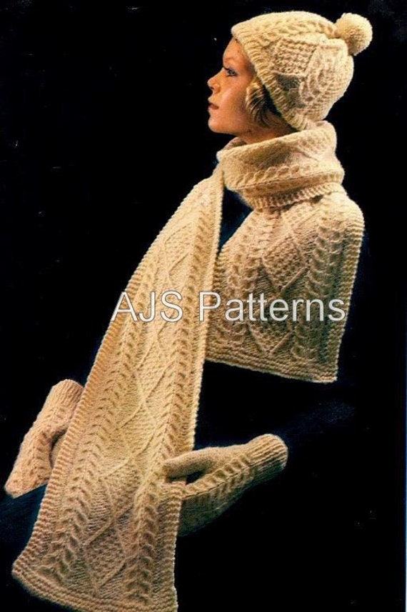 PDF Knitting Pattern Retro Aran Hat Mittens and Scarf Sets