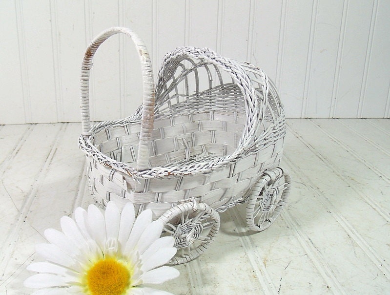 Vintage White Wicker Stroller Doll Display Size Shabby