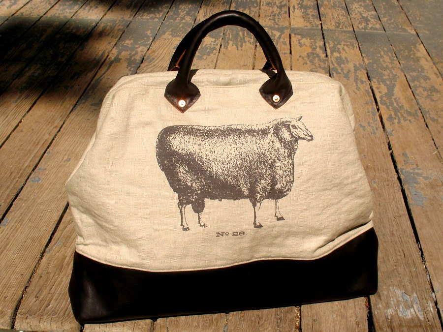 Linen and Leather Knitting Tote by pluckykid on Etsy