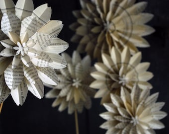 Book Blossom Bouquet Paper Dahlias, Train - Freight Book Pages,5 Origami Flowers on a stems