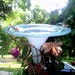 HUMMINGBIRDBIRD FEEDER, staoined glass, Victorian Garden, Copper Yard Art, Light Blue, Garden Stake