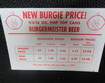 Vintage 1971 Burgermeister Beer Pop Top Cans NEW Pricing Burgie San Francisco CA 16 oz Alcohol Advertising ephemera 2 cards