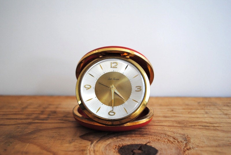 Vintage German Travel Alarm Clock by Seth Thomas Red Pocket