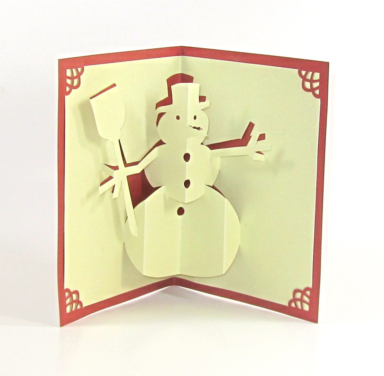 SNOWMAN 3D Pop Up CHRISTMAS Greeting Card Home Décor Handmade Handcut Origamic Architecture in Shimmery Sparkling Sand Beige and Copper OOAK