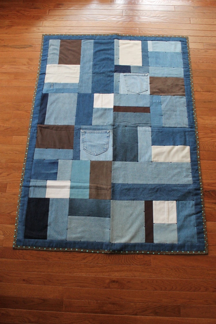 Denim Quilt Baby Girl Retro Chic Aqua Brown by HandiworkinGirls