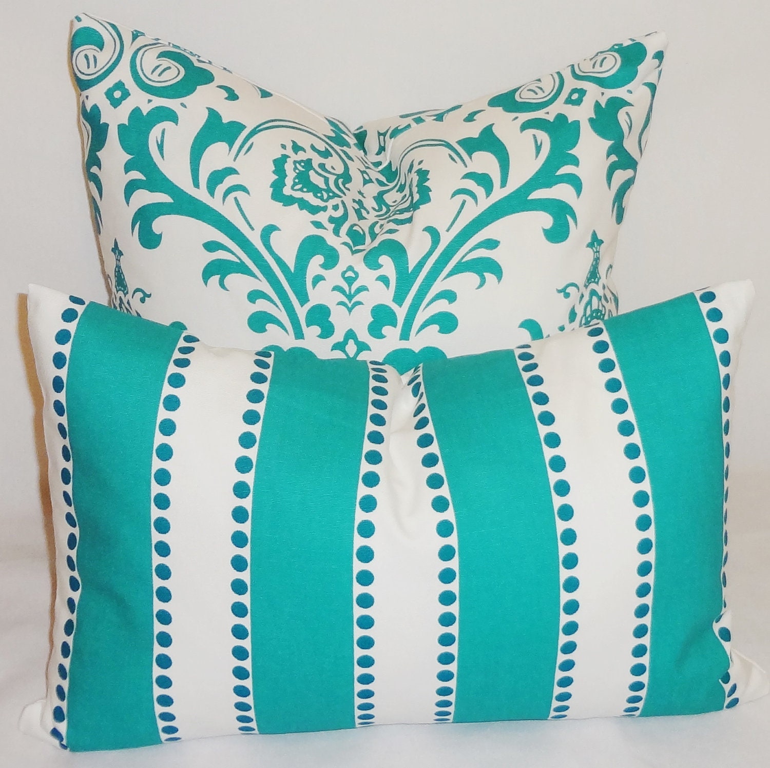 Set of Two Decorative Pillow Turquoise Damask & Stripe