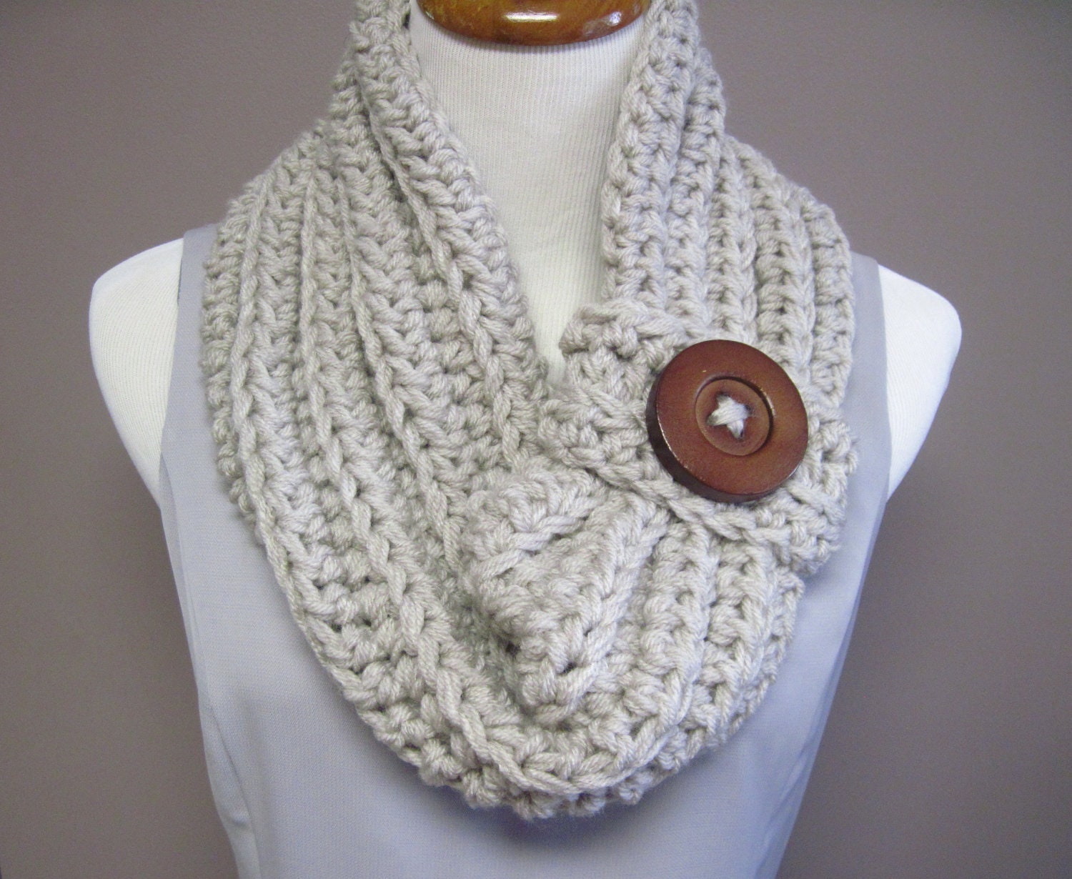 Chunky Bulky Button Crochet Cowl Linen Beige with Brown Wood