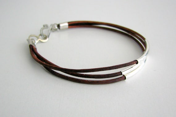 Thin Brown Leather Bracelet with Silver Tubes