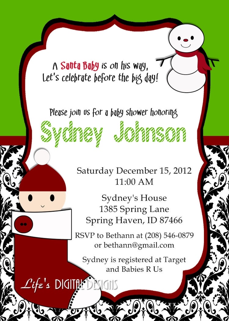 Christmas Baby Shower Invitations Santa Baby Red Green with