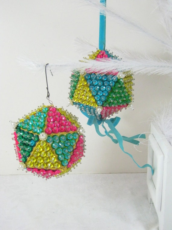 Vintage Beaded Ornaments Christmas Tree Pastels Sequins Beads