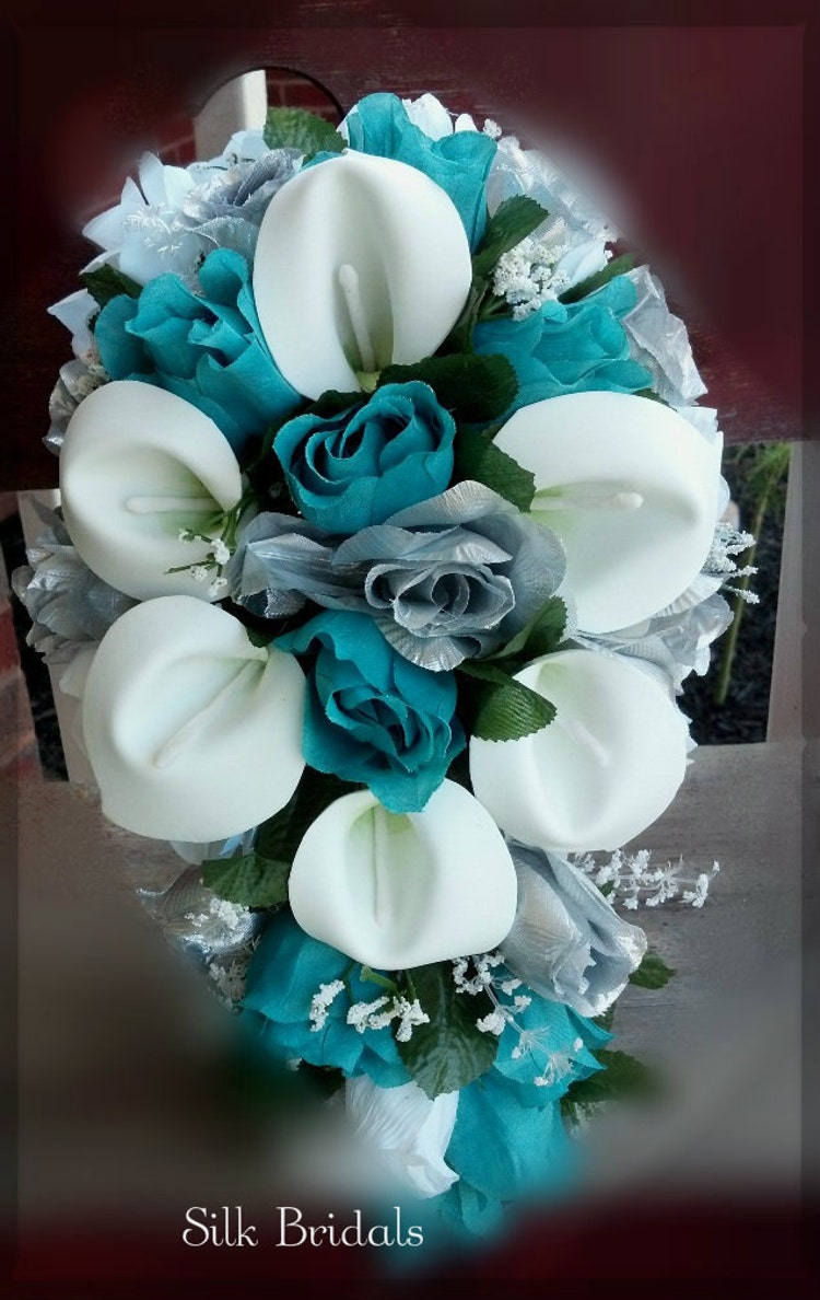 Bridal Bouquet Silk Wedding Flowers Teal Jade by SilkBridals