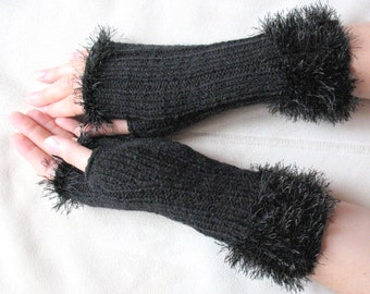 Fingerless Gloves Black Arm Warmers Mittens Knit, Acrylic