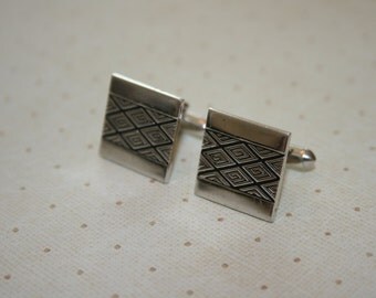 Vintage Mens Swank Brand Cuff Links Silver Tone Square with Diamond Pattern