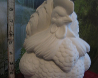 9", Vintage, Farm Cookie Jar, Bird Cookie Jar, Rooster Cookie Jar, Chicken Cookie Jar, Ceramic Bisque, u-paint, Ready to paint