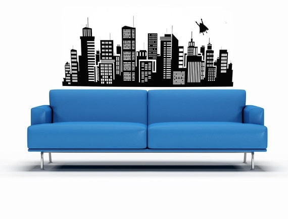 Superhero Flying over City, Skyline - Decal, Sticker, Vinyl, Wall, Home, Boy's Bedroom Decor
