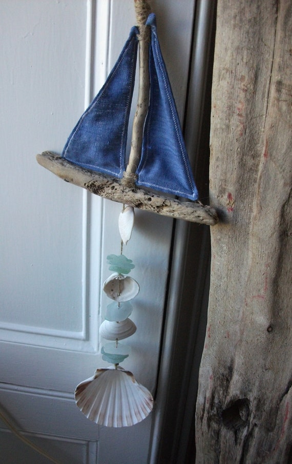 Driftwood Boat Seaglas Shell and Fabric Fish Mobile