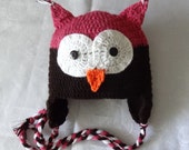 Crochet  OWL hat, HANDmade crochet hat ,CROchet kiddies photo shoots Animal hat, owl hat ,dark pink dark brown , baby animal hat, baby hat