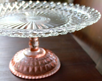 14" Pink Cake Stand Pedestal / Glass Cake Stand / Cake Pedestal / Vintage Cake Plate Pedestal / Cupcake Stand Truffle Pedestal