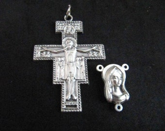 Italian Silver San Damiano Rosary Crucifix and Matching Mary/Jesus Centerpiece - 1 set
