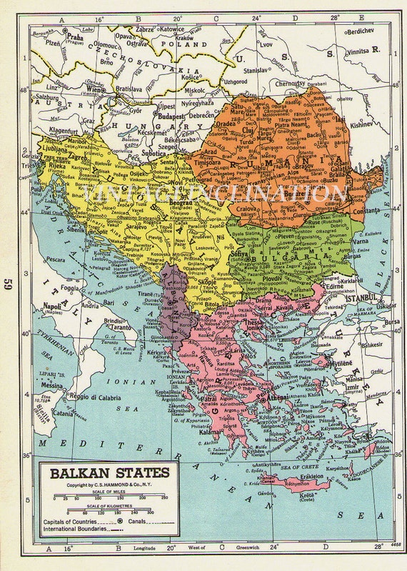 Vintage Balkan States Map Greece Turkey Bulgaria