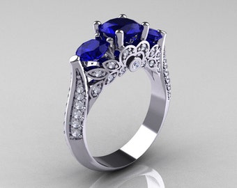 Classic 14K White Gold Three Stone Diamond Blue Sapphire Solitaire Ring R200-14KWGDBS