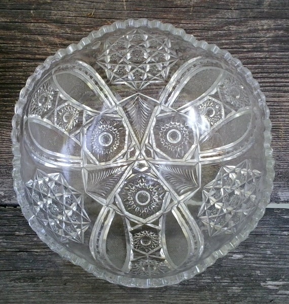 Antique Large Pressed Glass Bowl Vintage Victorian Scalloped Edge