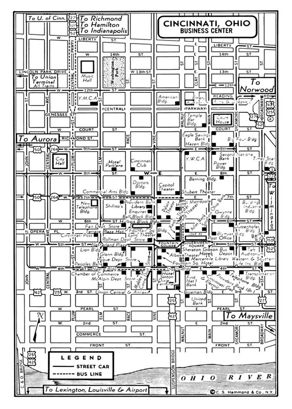 1949 Vintage Map of Downtown Cincinnati Ohio 11x17 Print